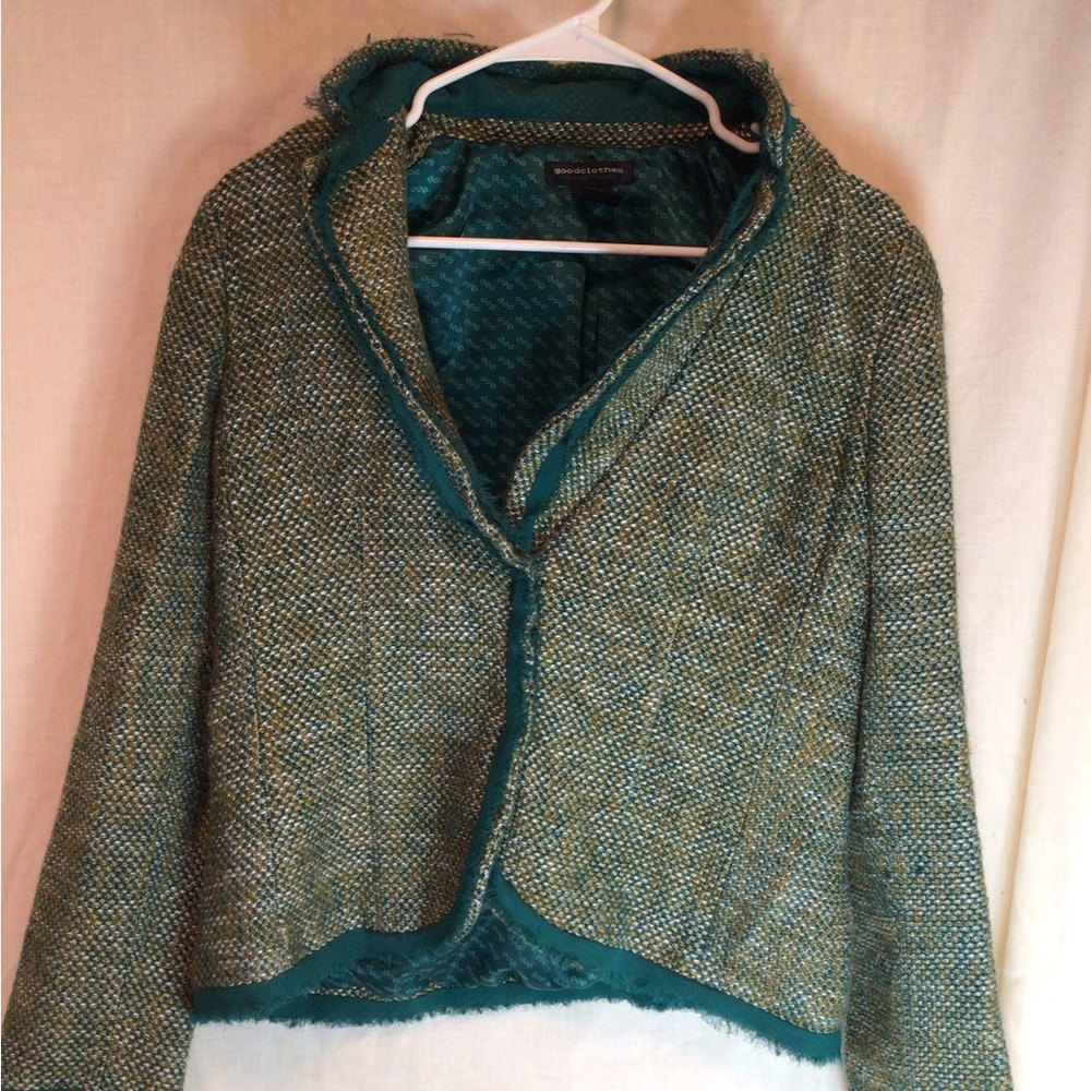 Vtg Good Clothes Green Tweed Fringe Gem Blazer Jacket Women’s Size 8